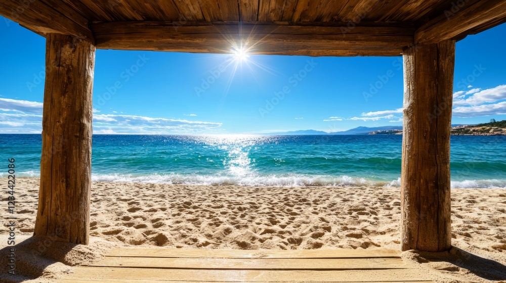 Sunny Beach View from Wooden Structure Coastal Paradise Photo Serene Environment Wide Angle Tranquil Moment Sunny Beach View from Wooden Structure Coastal Paradise Photo Serene Environment Wide Angle Tranquil Moment
