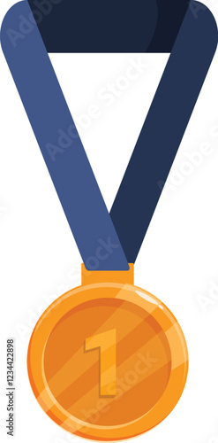 Gold medal with number one hanging from a blue ribbon represents success, achievement, and winning