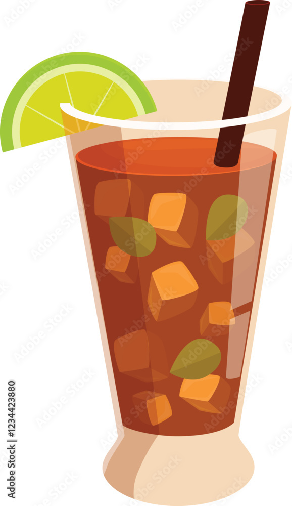 Long island iced tea cocktail is garnished with a lime wedge and served in a tall glass with ice cubes and a straw Long island iced tea cocktail is garnished with a lime wedge and served in a tall glass with ice cubes and a straw