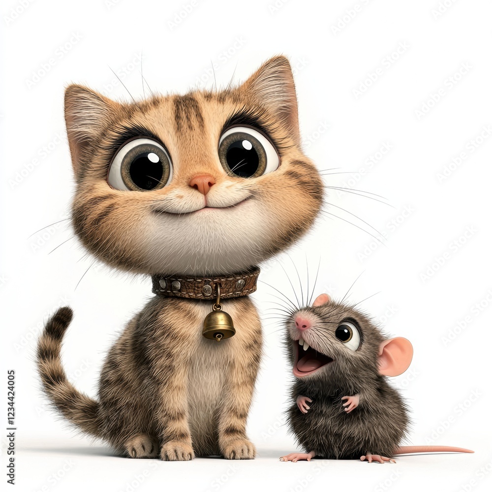 Obraz premium A Whimsical Encounter: A Cat and Mouse Friendship Blossoms in a Colorful 3D Cartoon Scene
