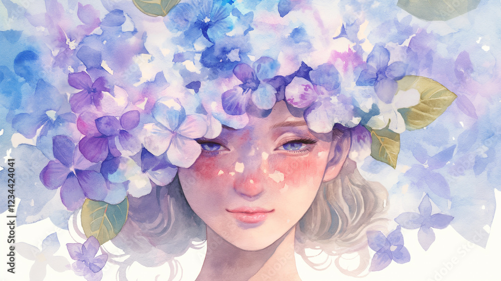 Naklejka premium 幻想的な紫陽花に囲まれた幸せな花嫁。優しい水彩タッチのイラスト。