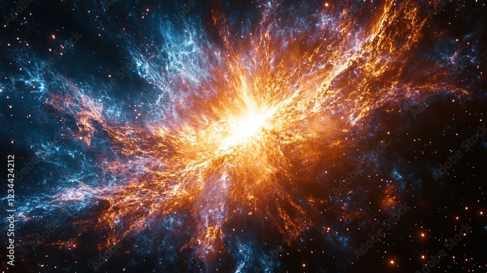 Fototapeta premium Cosmic explosion, fire and ice nebula in deep space with stars