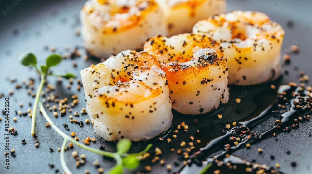 Fresh sushi rolls garnished with seeds and microgreens on a dark plate, evoking culinary artistry Fresh sushi rolls garnished with seeds and microgreens on a dark plate, evoking culinary artistry