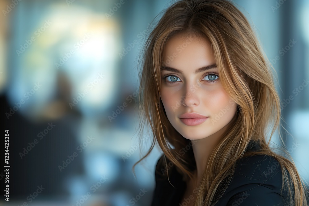 Fototapeta premium young woman with long light brown hair and blue eyes looks directly camera
