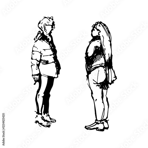 Older woman with a cigarette and a young girl talking. Full-body character. Hand-drawn sketch.