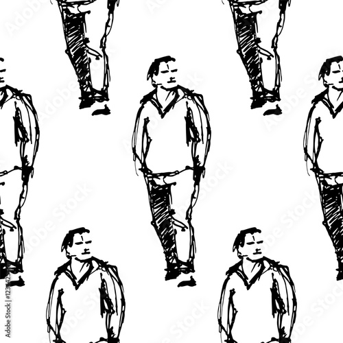 Man in a jacket walking forward, hands in his pockets. Seamless pattern. Full-body character. Hand-drawn sketch.
