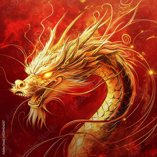 A fiery golden dragon with sharp eyes and flowing mane against a red, intense backdrop, symbolizing power, energy, and mythical strength. photo