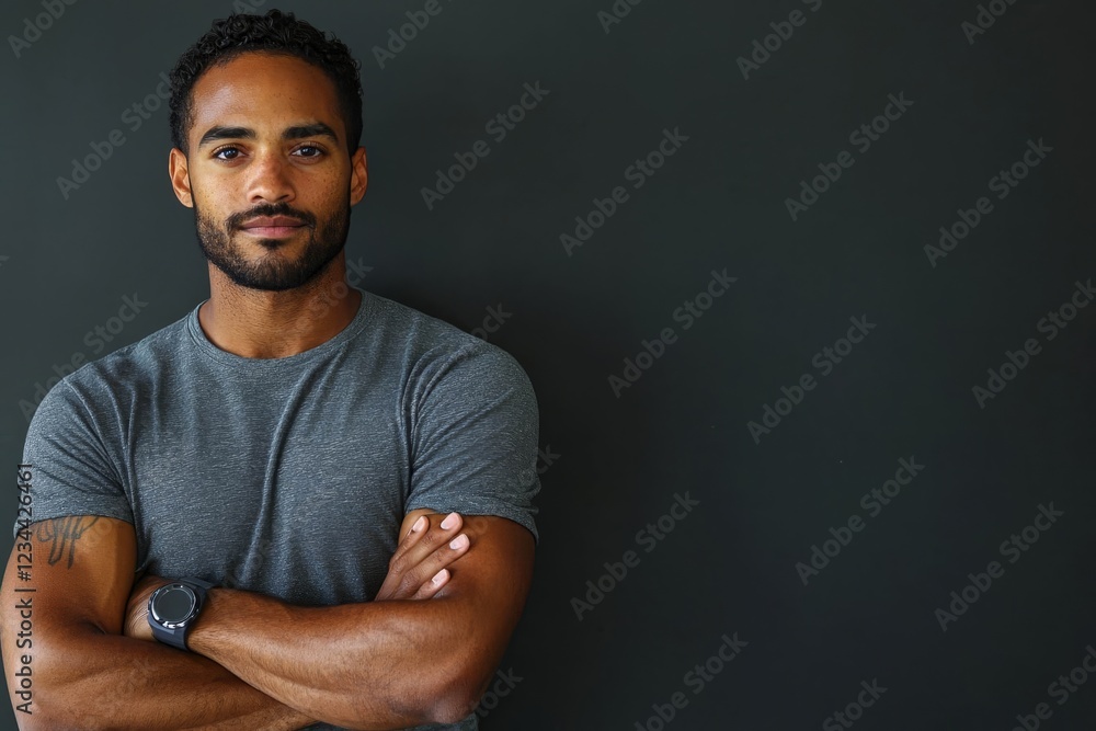 Obraz premium Calm man with arms crossed, looking directly at the camera with a slight smirk, against a dark gray background.