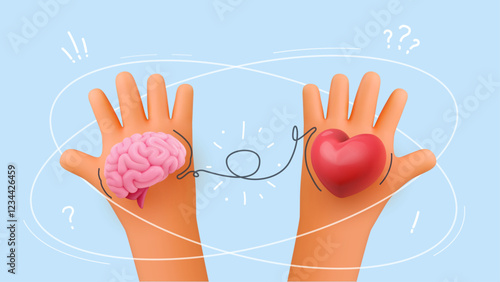 Brain and heart in hands, symbol of balance reason and emotions. Love and logic. Metaphor for decision making, mental health. Concept for self awareness, personal growth. 3D vector illustration.