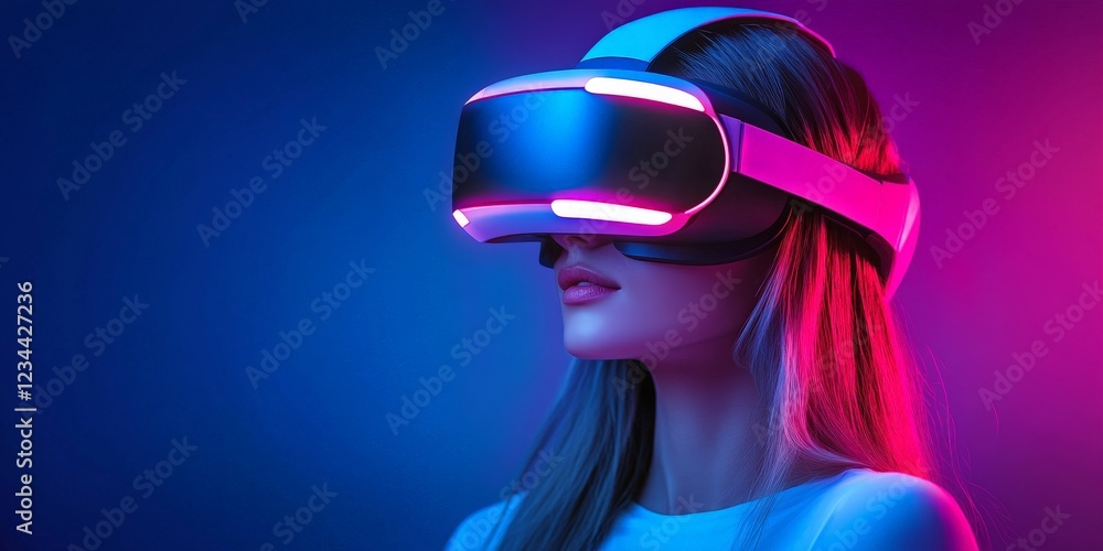A futuristic depiction of a woman immersed in virtual reality, highlighting technology and innovation. A futuristic depiction of a woman immersed in virtual reality, highlighting technology and innovation.
