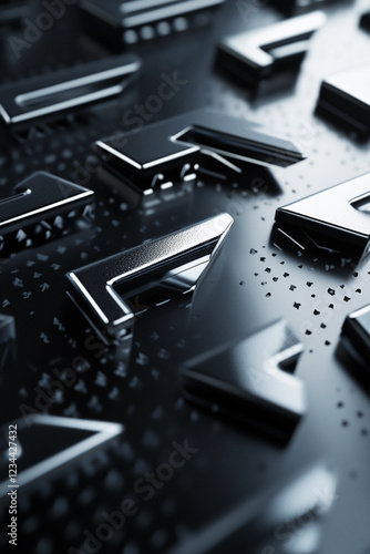 A close-up view of sleek, metallic arrows pointing in different directions, symbolizing movement, choice, and forward progression on a dark reflective surface. photo