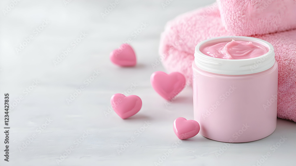 Pink body cream jar, hearts, towels, spa Pink body cream jar, hearts, towels, spa