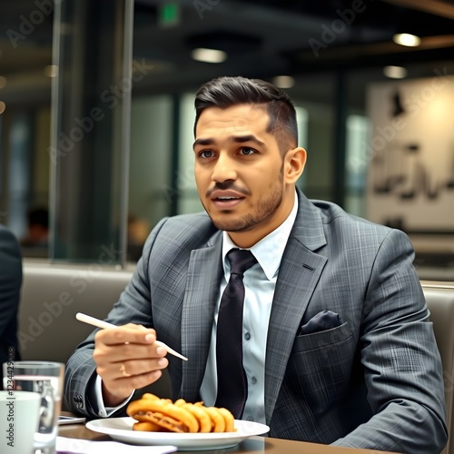 Un ejecutivo hispano está comiendo y hablando con un compañero de trabajo. photo