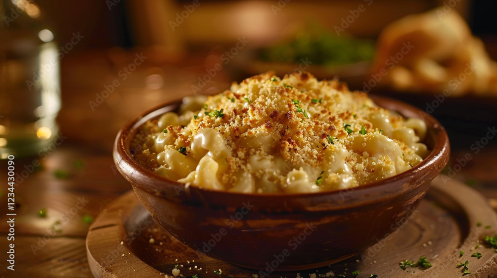 A comforting serving of mac and cheese, made with rich cheeses and creamy sauce, topped with crispy breadcrumbs and baked to perfection A comforting serving of mac and cheese, made with rich cheeses and creamy sauce, topped with crispy breadcrumbs and baked to perfection