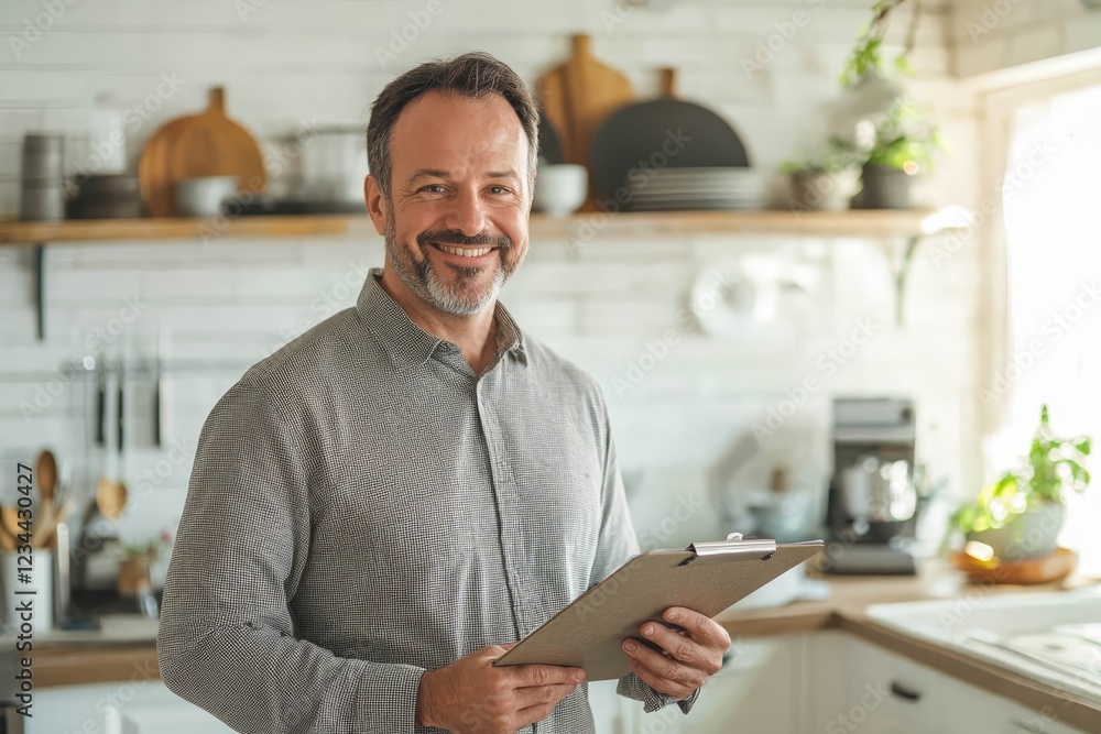 Smiling middle-aged man holding a clipboard and wearing a casual shirt, standing in a cozy kitchen. Smiling middle-aged man holding a clipboard and wearing a casual shirt, standing in a cozy kitchen.