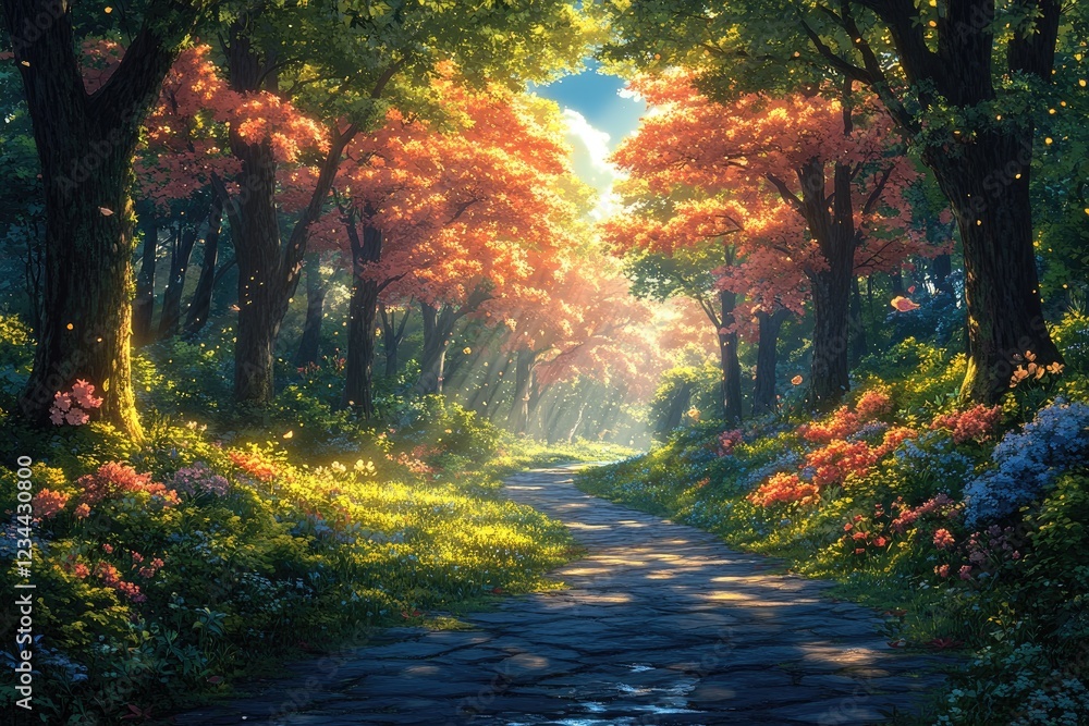 Sunlit Autumn Path Through A Magical Forest Sunlit Autumn Path Through A Magical Forest