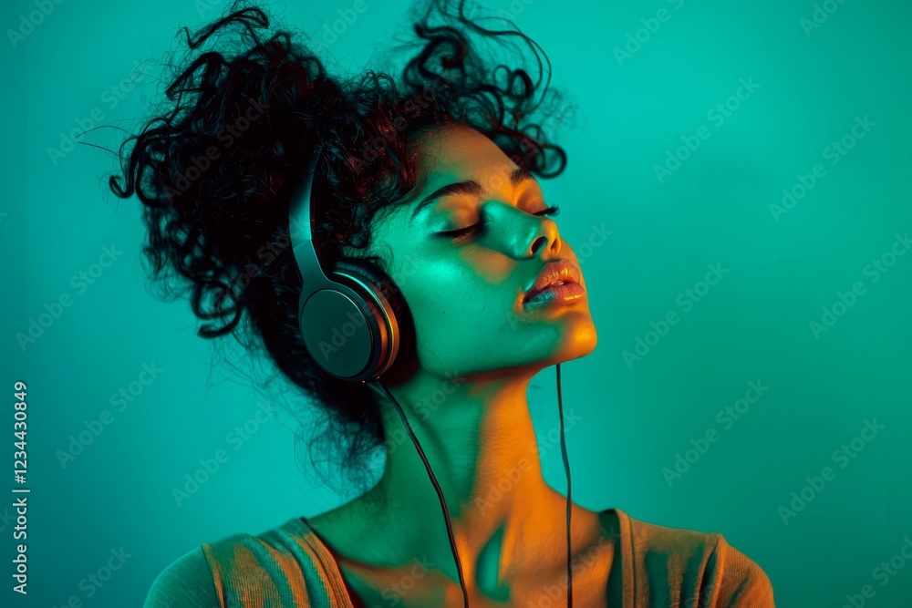 Fototapeta premium Trendy young woman wearing headphones and tilting head to one side, enjoying music on a teal background.