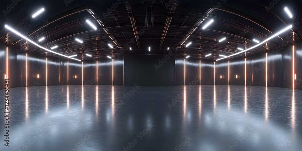 Fototapeta premium 360 degree full panorama environment of black minimalistic studio environment with bright lights and reflections, 3d render illustration hdri hdr vr virtual reality