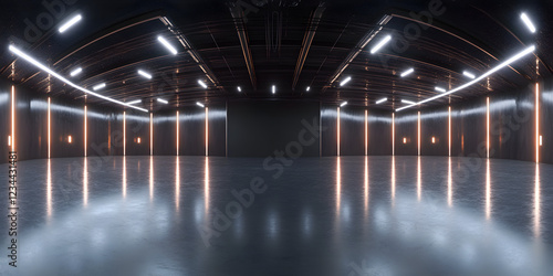 Fototapeta Naklejka Na Ścianę i Meble -  360 degree full panorama environment of black minimalistic studio environment with bright lights and reflections, 3d render illustration hdri hdr vr virtual reality