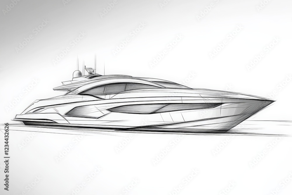 Modern yacht design sketch showcasing sleek lines and innovative features in a dynamic perspective Modern yacht design sketch showcasing sleek lines and innovative features in a dynamic perspective
