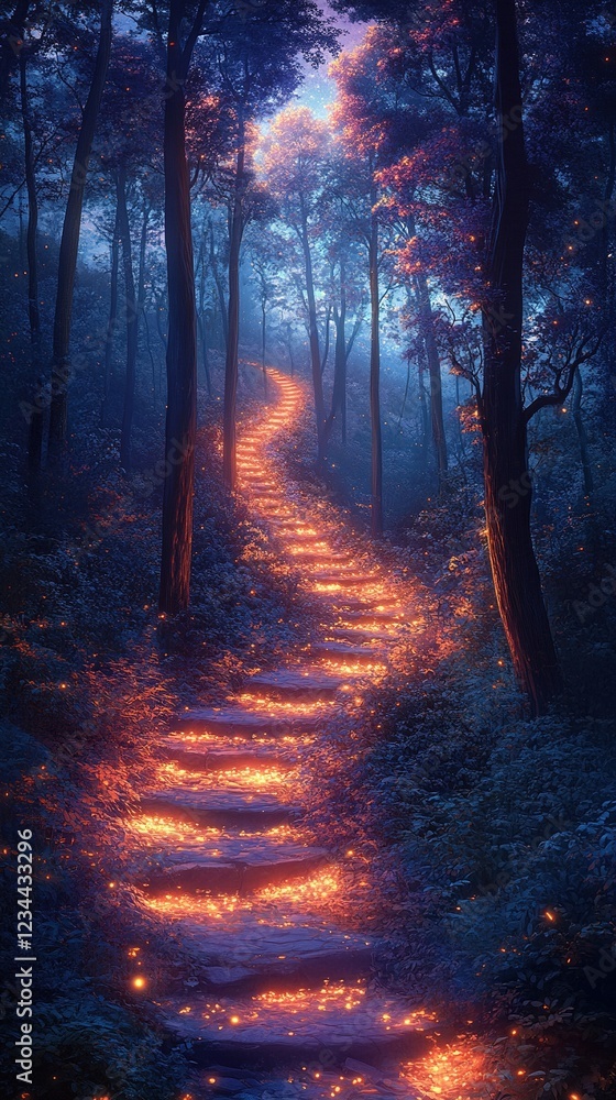 Obraz premium Glowing path through dark forest at twilight with fireflies