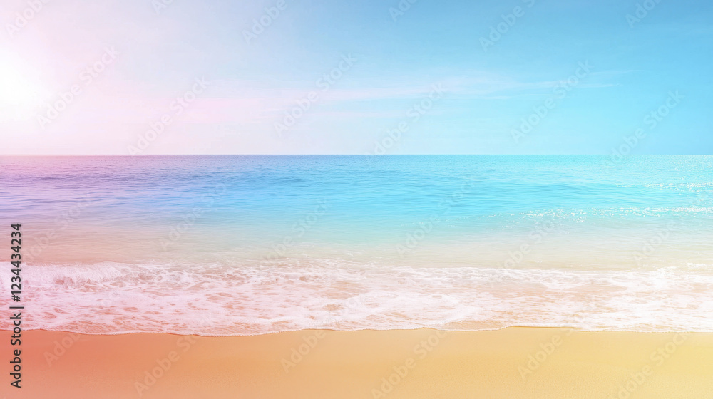 serene beach scene with gentle waves lapping at shore, showcasing gradient of soft pastel colors in sky and water serene beach scene with gentle waves lapping at shore, showcasing gradient of soft pastel colors in sky and water