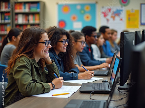 Grupo joven de estudiantes aprendiendo frente a computadoras
