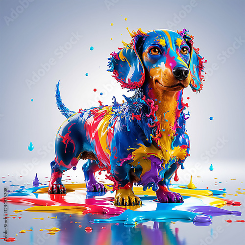 Colorful Dachshund Covered in Paint Splatter