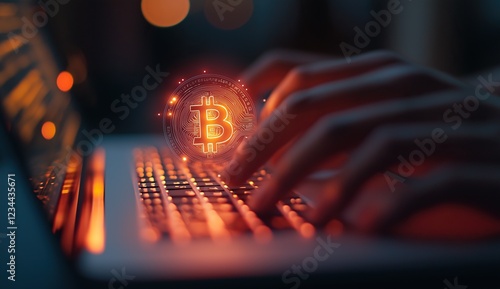 Wallpaper Mural Programmer typing on laptop with bitcoin cryptocurrency hologram Torontodigital.ca
