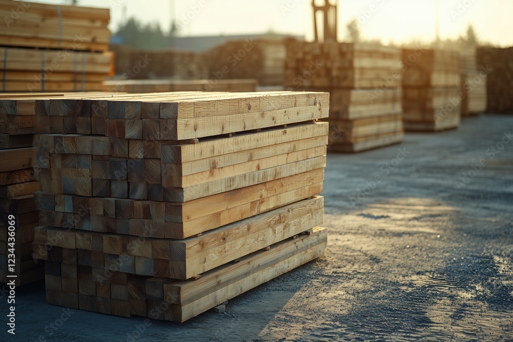 Stacks of cut lumber in industrial yard at sunset Stacks of cut lumber in industrial yard at sunset