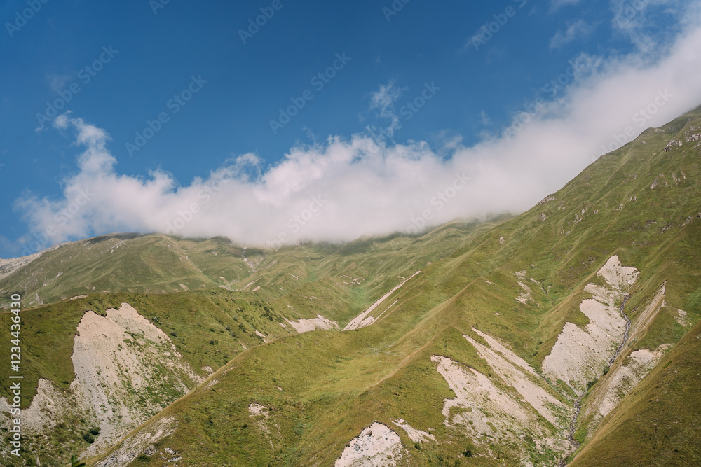 Obraz premium Scenic mountain valley along the Georgian Military Green hills, a winding river. Summer landscape in the Caucasus Mountains. Blue sky with white clouds