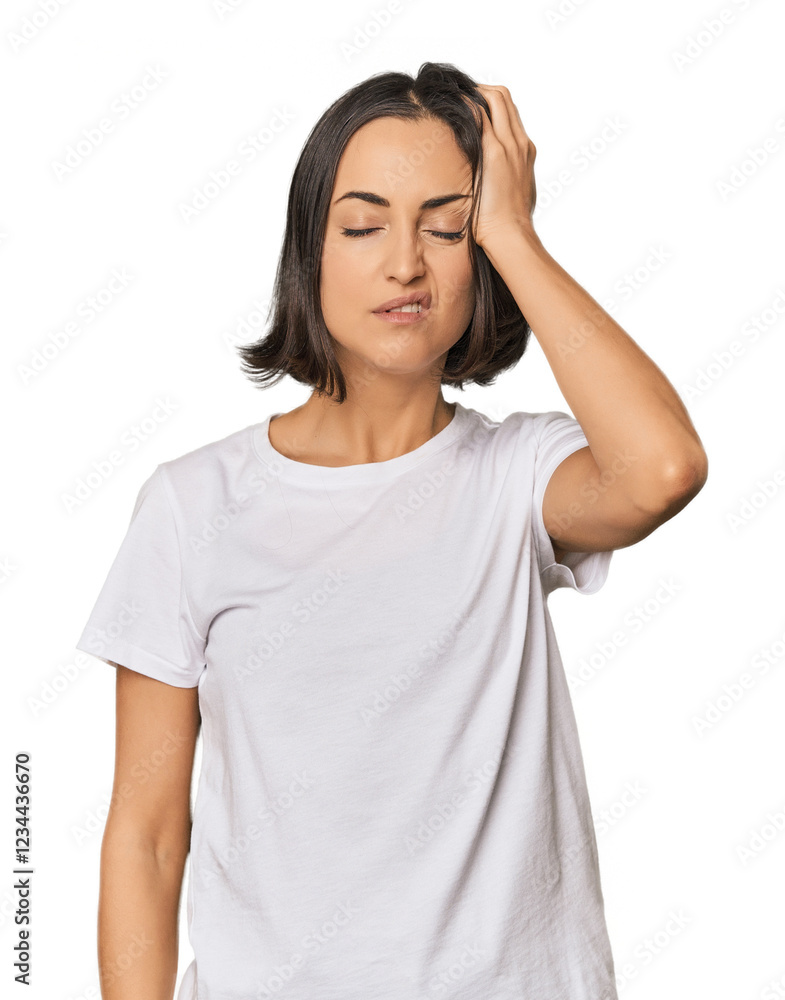 Young Caucasian woman with short hair tired and very sleepy keeping hand on head. Young Caucasian woman with short hair tired and very sleepy keeping hand on head.