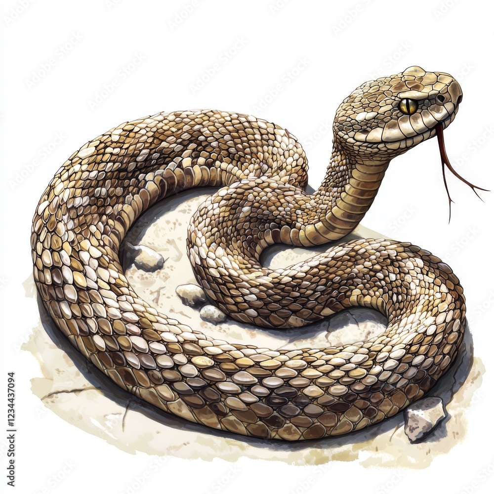 Obraz premium Detailed Illustration of a Coiled Snake with Unique Scales and Textures on a Sandy Surface