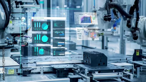 Futuristic production line with digital holograms displaying data on robotic systems in an automated factory. Concept of innovation in advanced manufacturing