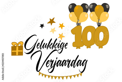 caligrafische tekst vector gelukkige verjaardag met een cadeauverpakking van ballonnen en nummer 100