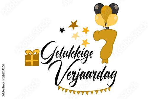 caligrafische tekst vector gelukkige verjaardag met een cadeauverpakking van ballonnen en nummer 7