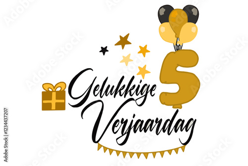 caligrafische tekst vector gelukkige verjaardag met een cadeauverpakking van ballonnen en nummer 5