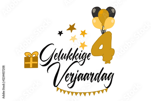 caligrafische tekst vector gelukkige verjaardag met een cadeauverpakking van ballonnen en nummer 4