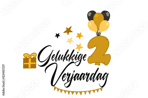 caligrafische tekst vector gelukkige verjaardag met een cadeauverpakking van ballonnen en nummer 2