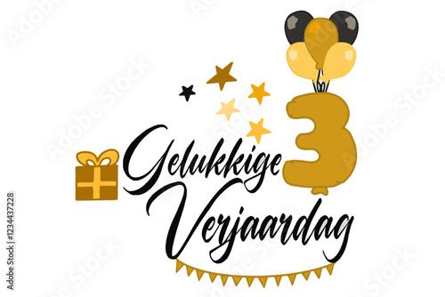 caligrafische tekst vector gelukkige verjaardag met een cadeauverpakking van ballonnen en nummer 3