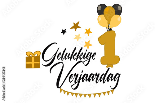 caligrafische tekst vector gelukkige verjaardag met een cadeauverpakking van ballonnen en nummer 1