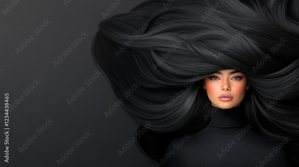 Fototapeta premium A creative side profile pivoting into a full-face reveal, where her lengthy brunette hair flows freely and her steady gaze meets the camera,