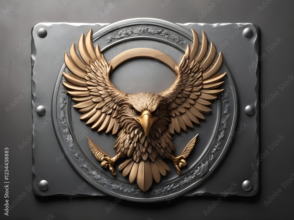 A realistic embossed eagle emblem on a textured metal plate, designed with copy space. For Presidents' Day.