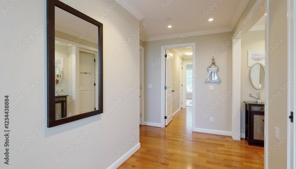 Bright Hallway with Hardwood Floors and Modern Mirror Bright Hallway with Hardwood Floors and Modern Mirror