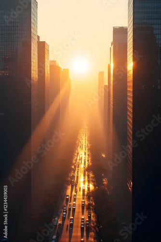 Golden hour traffic flow urban cityscape photography sunset aerial view urban serenity photo