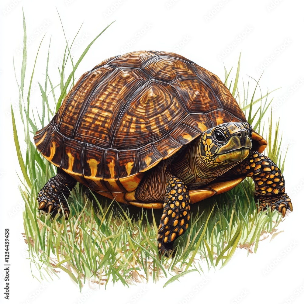Fototapeta premium Detailed Illustration of a Realistic Turtle in Natural Grass Habitat with Vibrant Shell Patterns