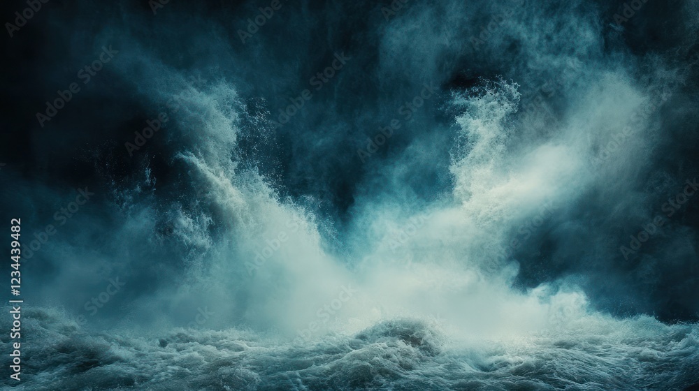 Fototapeta premium Stormy ocean waves crashing, dark sky, nature background, weather imagery