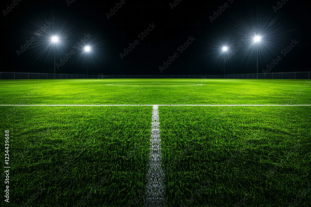 Obraz premium A calm overhead perspective of the unplayed field, its lines and penalty arcs clearly lit by bright lights amid an otherwise quiet evening,