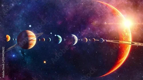 Solar system with glowing planets and a vibrant cosmic background illuminated by the sun. Seamless looping time-lapse animation video background  
