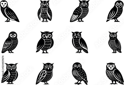 European Owls Silhouette Vector Bundle. Featuring Barn Owl, Tawny Owl, Little Owl, Long-eared Owl, Short-eared Owl, Eurasian Eagle-owl, Ural Owl, Boreal Owl, Pygmy Owl, Scops Owl, Snowy Owl, Great Gre